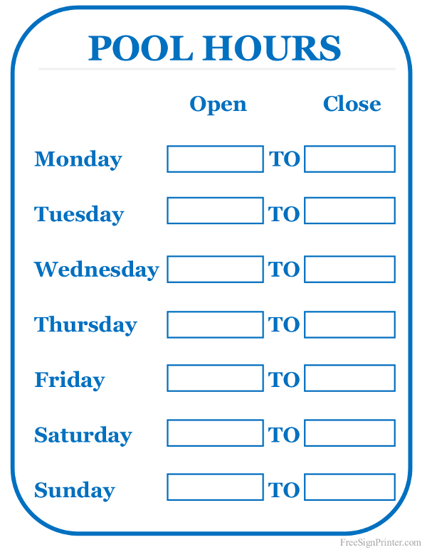 Printable Pool Hours Sign
